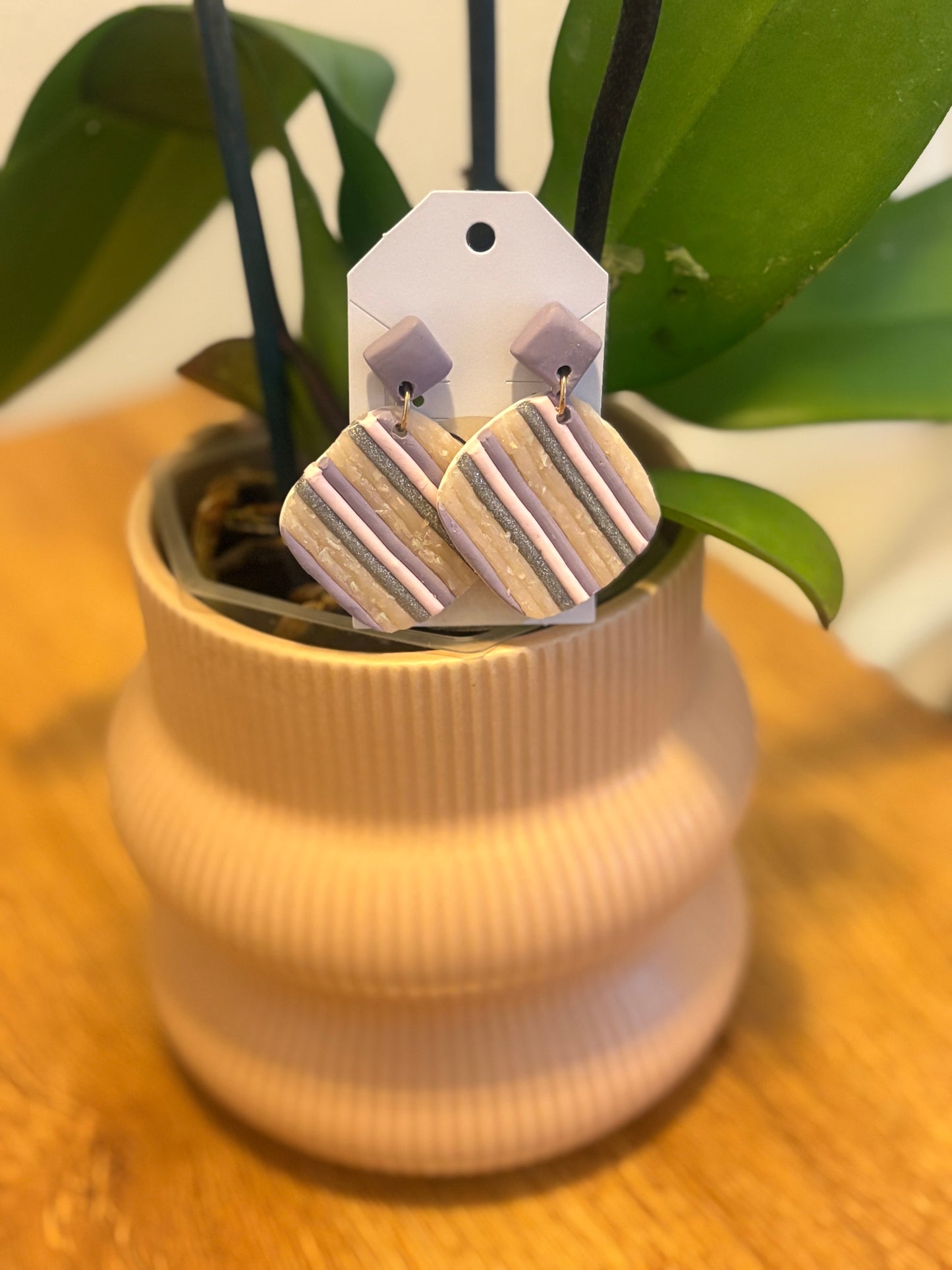 Purple striped clay earrings