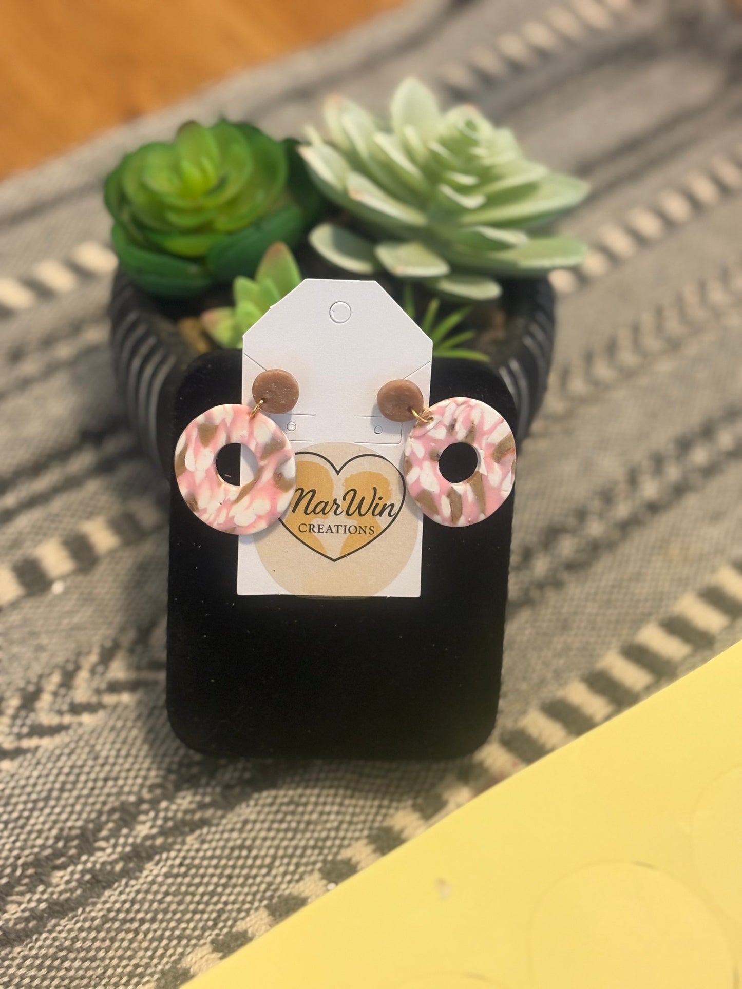 Brown white and pink hoops